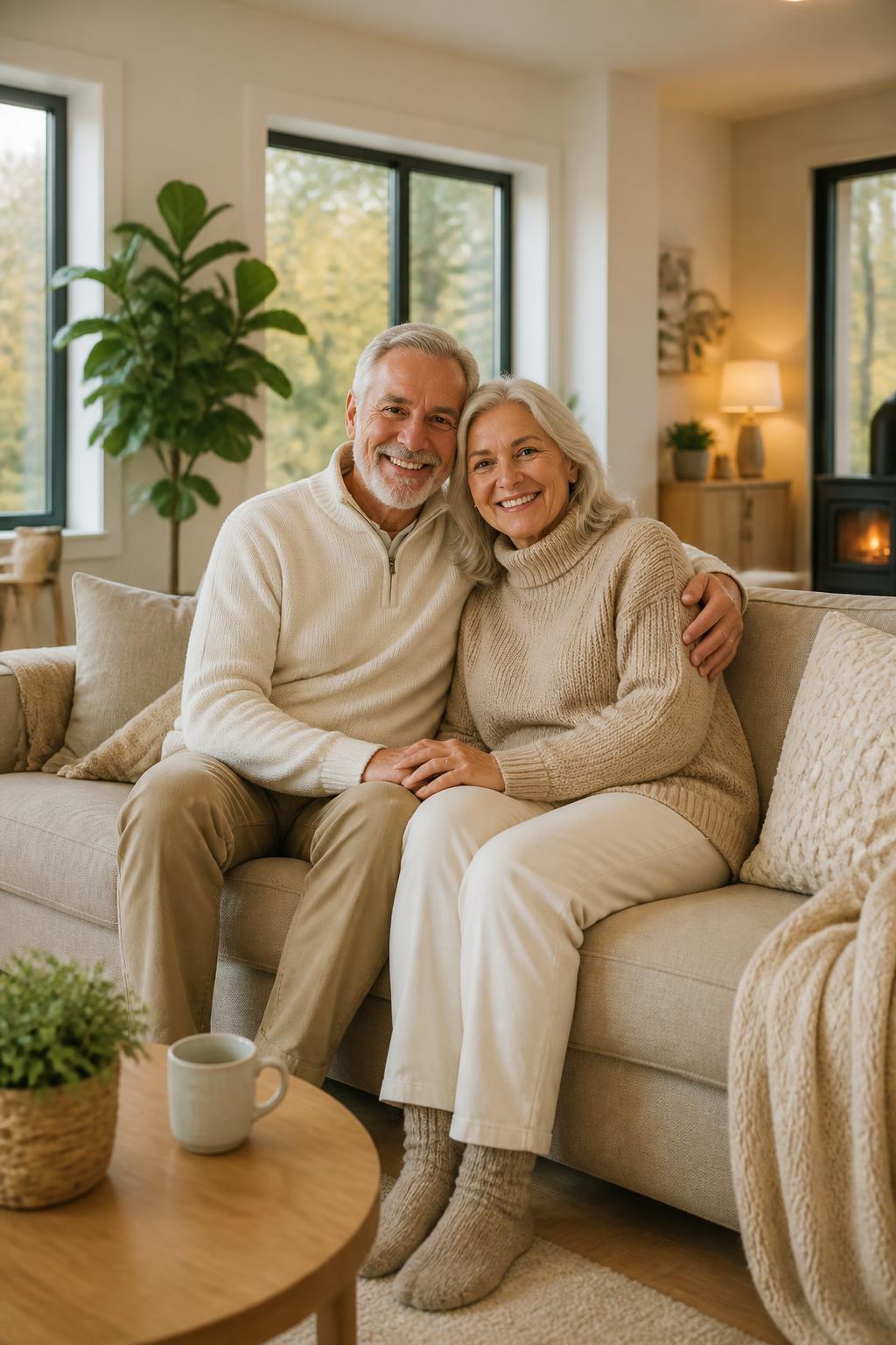 Couple heureux dans un salon confortablement chauffé